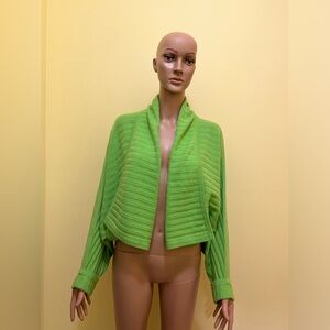 St. John Bright Lime Green Cropped Open-Front Ribbed Cardigan